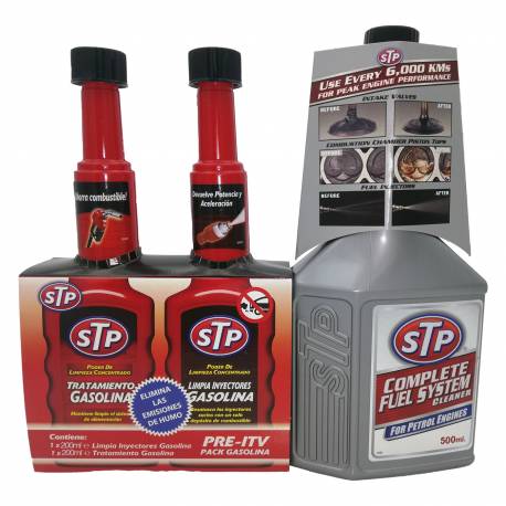 STP - PACK PRE-ITV - Tratamiento para motores gasolina 200ml, Limpia inyectores 200ml y Limpiador Sistema combustible 500ml.